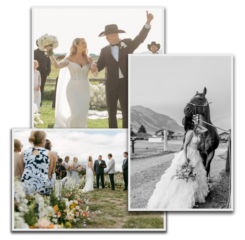 3 pictures of Flowers at a wedding.